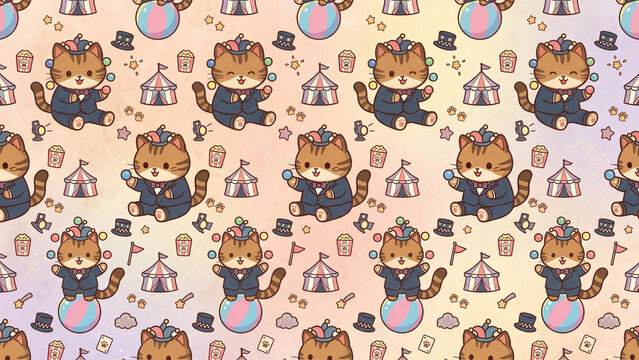 Seamless pattern with cute cartoon tigers in circus costumes.