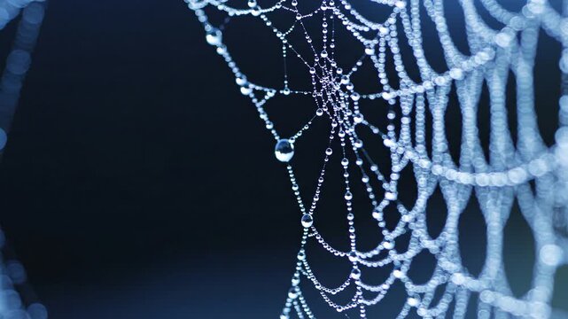 Intricate spider web glistening with fresh dew drops against a dark background