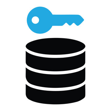 Database icon with a blue key symbol representing security and access control database security protection graphics illustration technology
