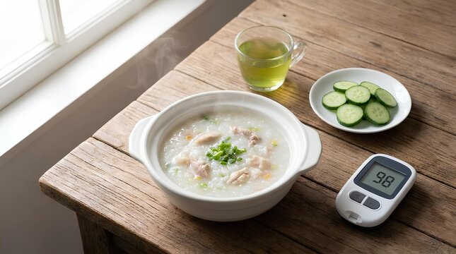 Healthy meal set with porridge and diabetes glucose meter.