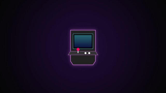 Retro arcade machine with joystick on dark neon background