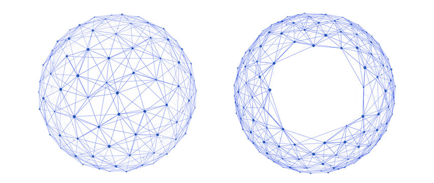 Blue Network Sphere and Ring Set, Abstract Wireframe Shapes with Connected Lines