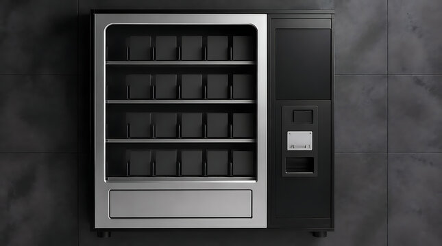 Black automatic vending machine selling bottled water drinks.