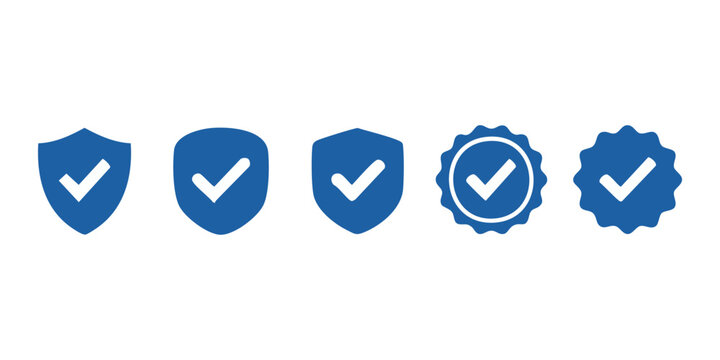 Blue verified badge and shield security icon set for account safety and authenticity guarantee