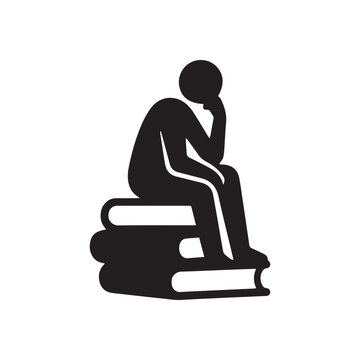 person sitting on a stack of books icon simple black vector graphic