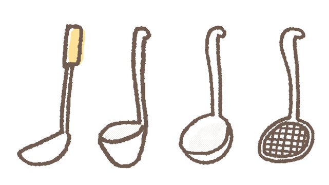 A set of color illustrations of 4 types of hand-drawn-style ladles and slotted spoons&mdash;kitchen tools