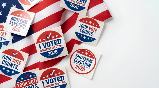 I Voted stickers on American flag texture.