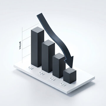 Graph showing financial decline with dark columns and a downward arrow on a clean surface.