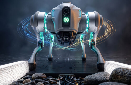 Futuristic quadruped robot with glowing green sensors and swirling light rings standing on tech platform