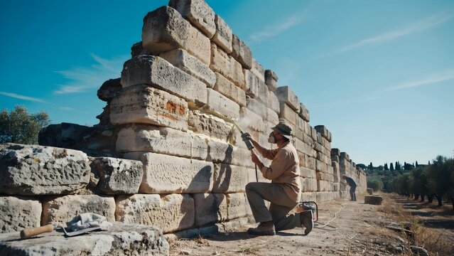 Archaeologist Examining Ancient Stone Wall with Tools on Site
