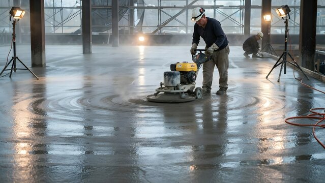 Construction Worker Using Power Trowel to Smooth Concrete Floor in Industrial Building