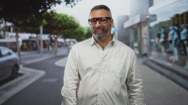 Man with grey beard and glasses pointing finger while walking on a city street outdoors in a patterned white shirt, middle aged hispanic; amused confidence.