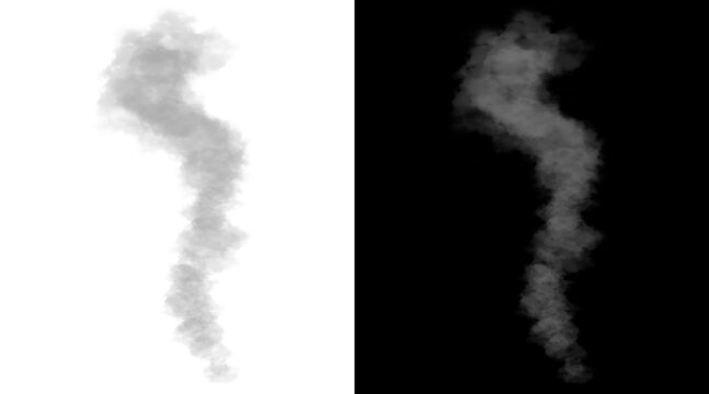 Realistic smoke plume illustration, rising grey steam trail on white and black backgrounds, atmospheric vapor cloud for design overlays