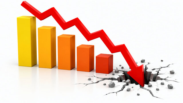 A 3D chart showing decreasing bars with a red arrow crashing down through a cracked floor, symbolizing financial crash, recession, and economic decline.
