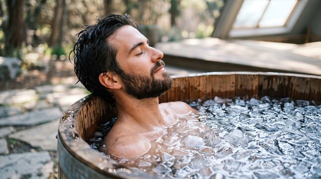 Athletic male sitting peacefully in a wooden tub filled with ice cubes during a cold plunge cryotherapy session.