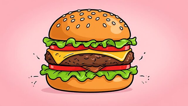 Animated Cheeseburger Expanding and Contracting on Pink Background