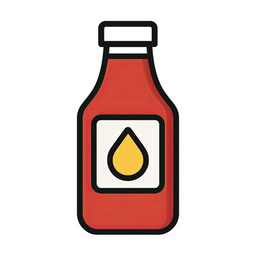 A simple flat vector icon of a red ketchup bottle with a drop symbol.