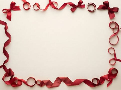 Red ribbon and bows scattered around white background, creating festive border for holiday and gift packaging design.
