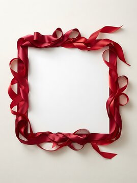 Luxurious red ribbon densely wrapped around square frame on light beige background for sophisticated gift packaging.