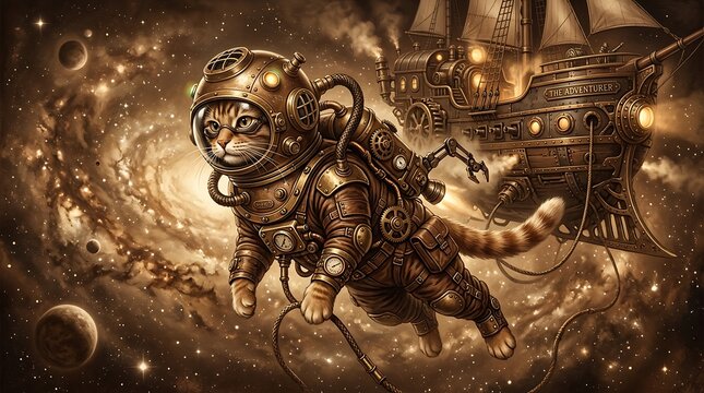 A curious cat explorer wearing an elaborate steampunk spacesuit with brass mechanical details, goggles, gears, and vintage-inspired futuristic equipment.
