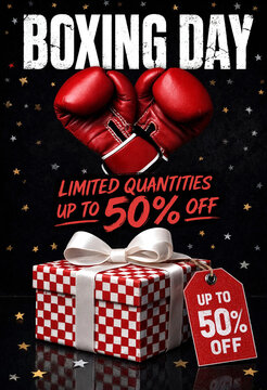 Boxing Day Sale Promotion Featuring Boxing Gloves Gift Wrapped Package Discount Offer Display