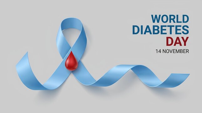 World Diabetes Day poster with blue ribbon and blood drop.