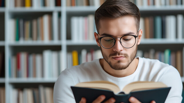 A man sits in a library, holding a book and reading intently. Shelves filled with books are in the background. The atmosphere is quiet and focused.