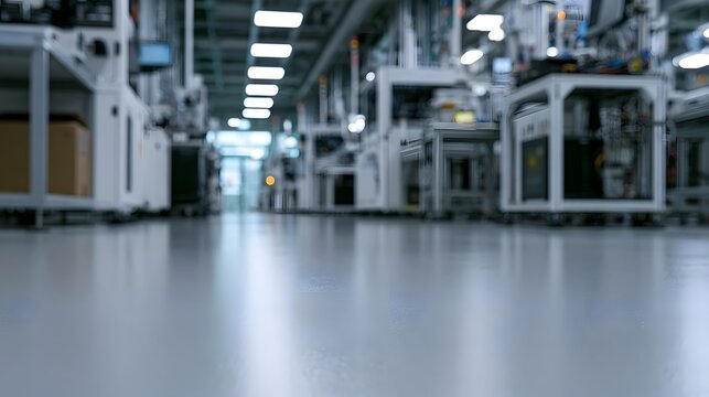 A clean  expansive factory floor with industrial hinery and bright overhead lighting in the background