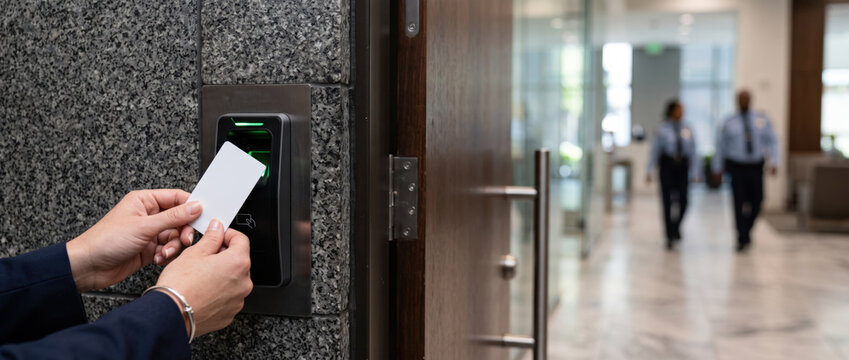 Digital access card reader used by business professionals at office entrance