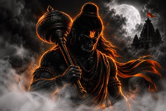 Powerful hindu deity hanuman holding a mace in a dramatic smoke filled atmosphere under a full