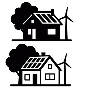 Eco friendly house icons set with solar panels and wind turbines