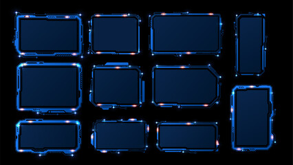 Fototapeta na wymiar HUD frame blue rectangles electronic circuit with red LED sparkles, digital screen, cyber Hi tech interface vector set