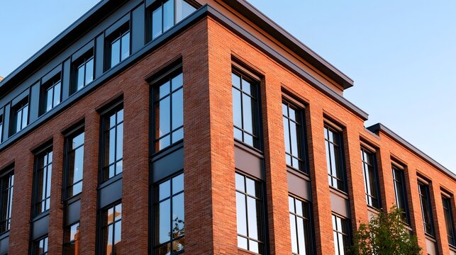 A modern red brick building with large and clean lines under warm evening light  viewed from a low angle at the corner