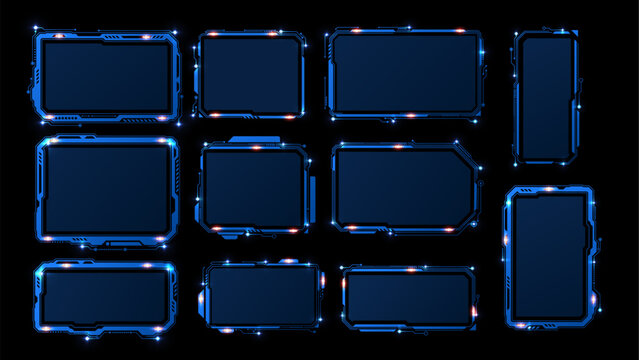 HUD frame blue rectangles electronic circuit with red LED sparkles, digital screen, cyber Hi tech interface vector set