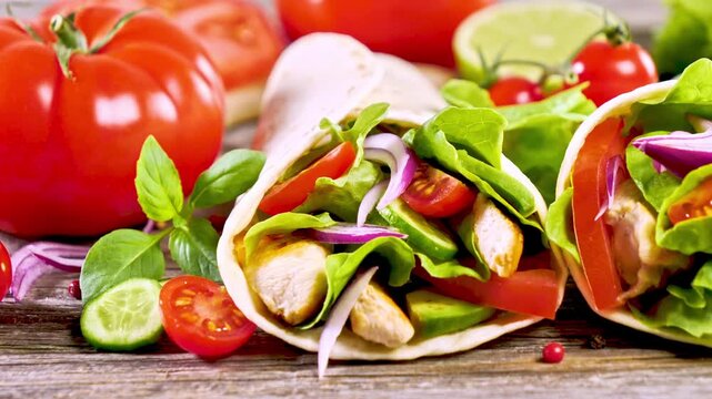 Chicken Wraps with Fresh Lettuce Tomatoes Onion Avocado and Lime