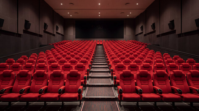 Empty Movie Theater Auditorium With Rows of Red Cinema Seats