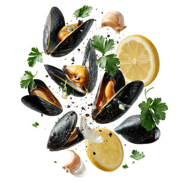 Open chilean mussels Mytilus chilensis L arranged with lemon and herbs in a bright setting