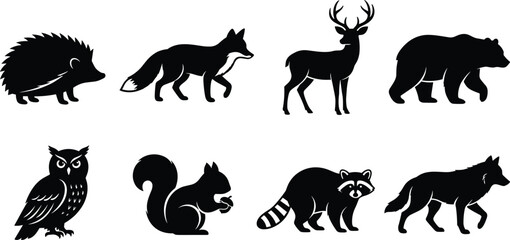 Fototapeta premium Black Silhouette Collection of Woodland Animals Including Hedgehog Fox Deer Bear Owl Squirrel Raccoon and Wolf
