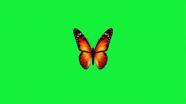 Orange Butterfly Flying Animation on Green Screen. Colorful Monarch Butterfly for Chroma Key, Nature, Wildlife and Spring Concepts