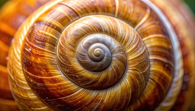Macro spiral pattern of a brown snail shell.