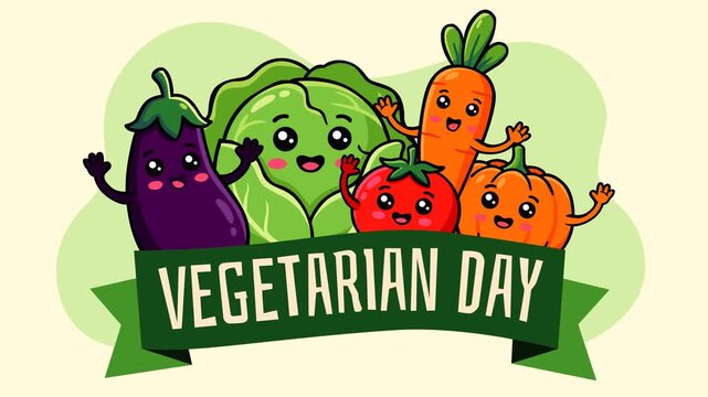 Colorful Vegetarian Day animated background featuring cute vegetable characters, fresh produce, and a festive banner