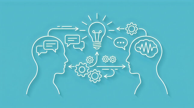 Two heads connected by network icons with lightbulb and gears illustration illustration
