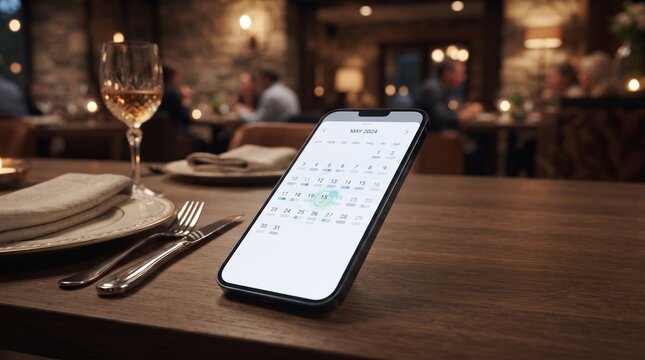 Smartphone calendar app on restaurant table, mobile booking and reservation concept, digital schedule on phone in cozy dining room