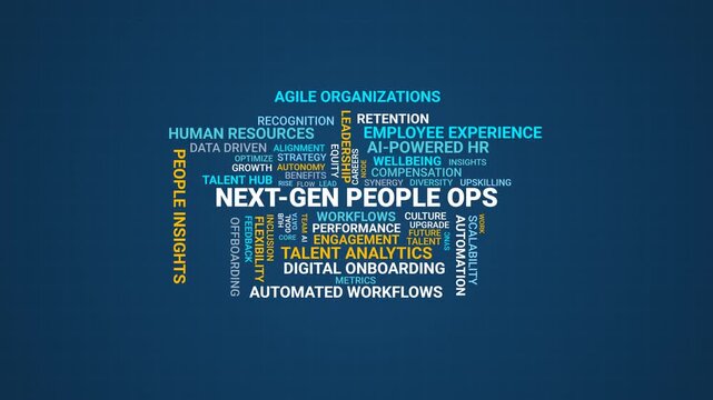 Next-gen people ops and human resources word cloud motion graphics animation loop for corporate presentation background