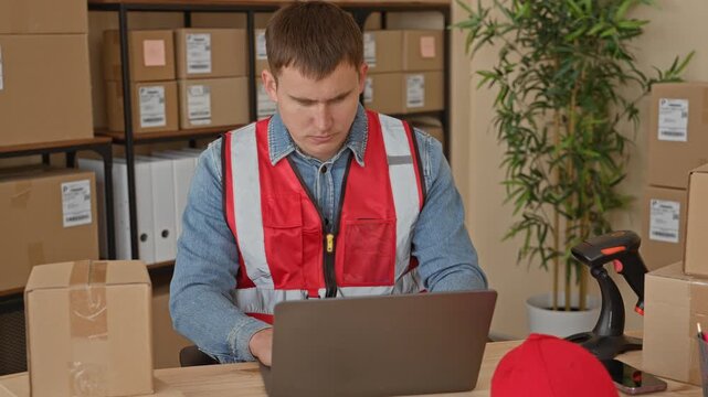 Man typing on laptop, hands on keyboard, packages and barcode scanner on desk, wearing reflective vest in a building; frustration focus.