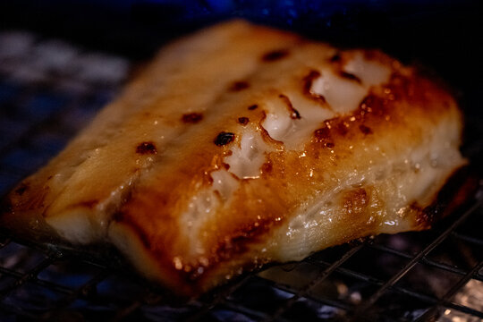 Close Up of Broiled Miso Black Cod Fillet with Caramelized Glaze