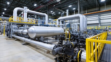 Fototapeta premium Large industrial facility with extensive piping storage tanks and hinery under bright overhead lighting