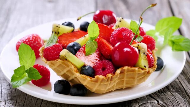Hand Picking Blueberry from Fresh Fruit Salad in Waffle Bowl