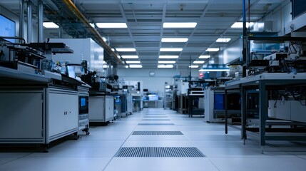 Obraz premium A long clean industrial manufacturing corridor with rows of equipment and bright overhead lighting