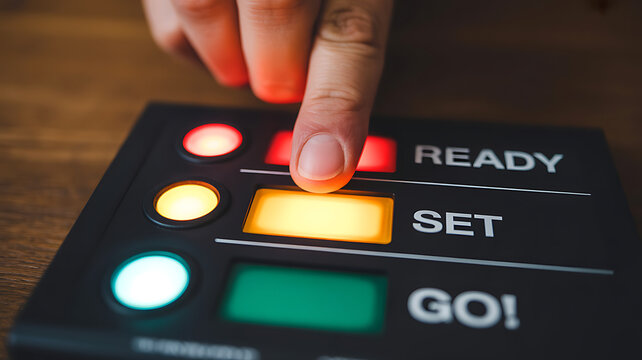 A finger pressing the yellow set button on a control panel with red ready and green go buttons on a wooden surface